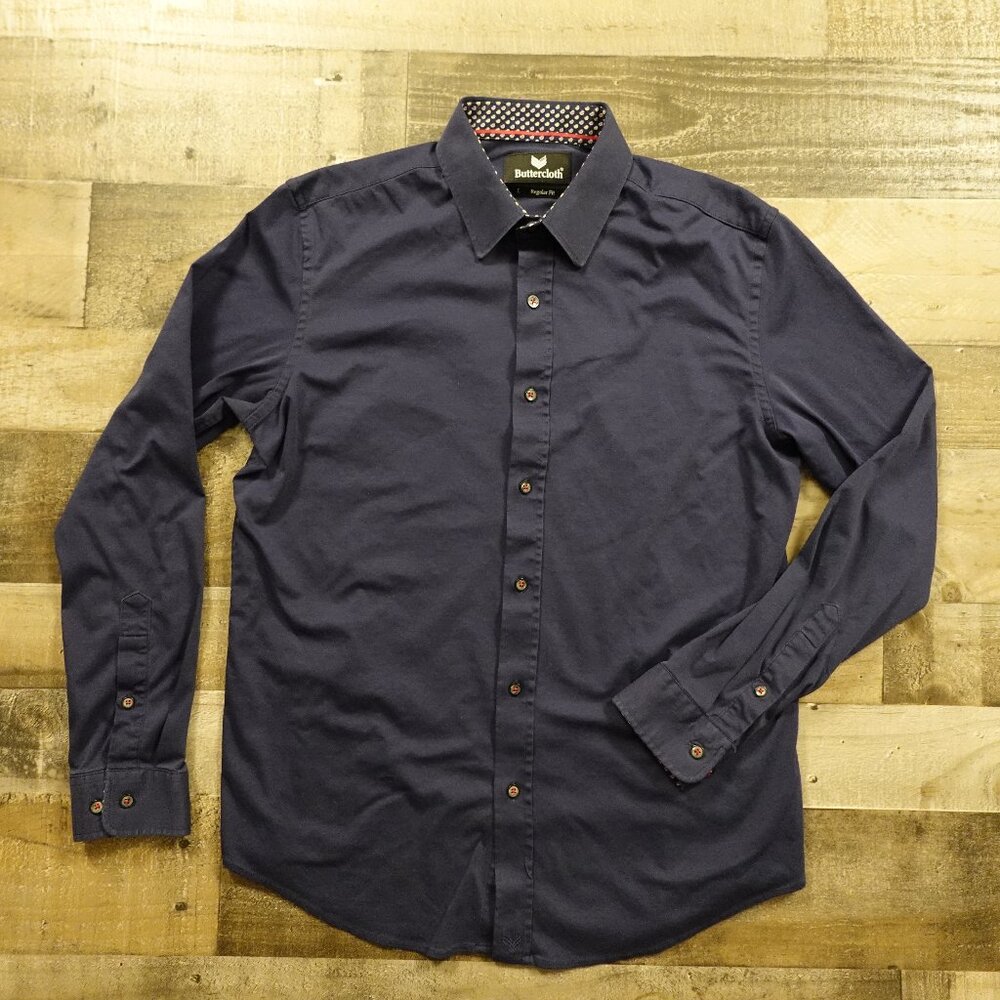 Buttercloth Long Sleeve Button-Up Shirt Men’s Large Navy Regular Fit